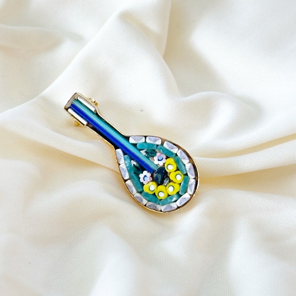 Colorful Mosaic Guitar Brooch Signed Italy